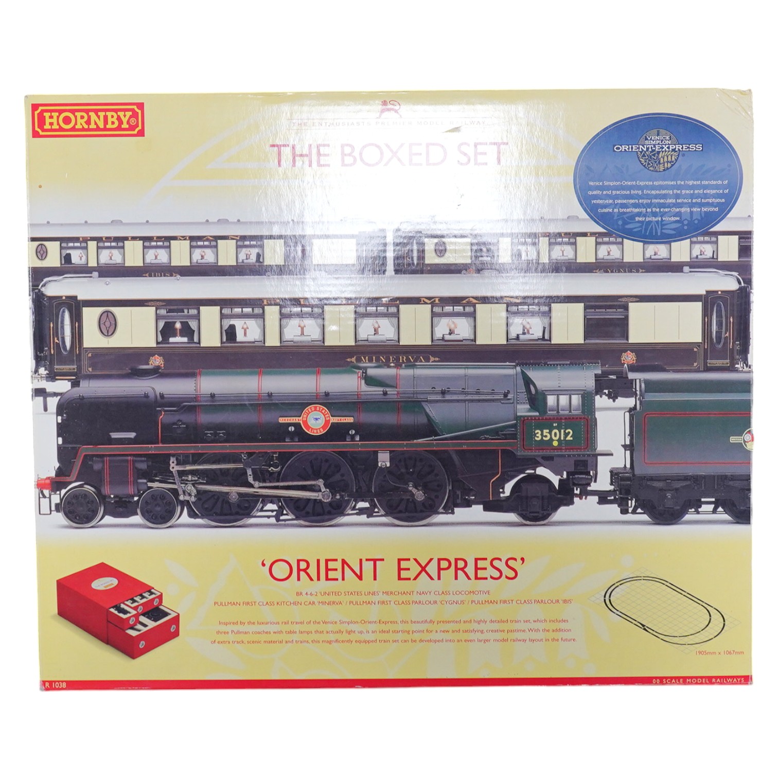 A Hornby Hobbies 00 gauge railway Orient Express ‘The Boxed Set’ R1038, comprising of a BR 4-6-2 Merchant Navy Class locomotive, three Pullman cars, track sections and controller. Condition - good, appears to have not be